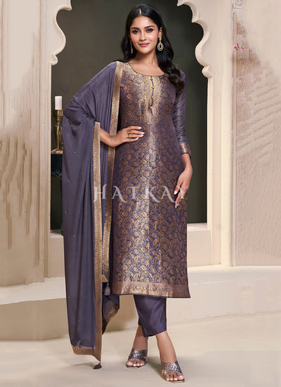 Ash Purple Embroidered Pakistani Pant Style Suit