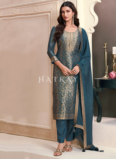 Teal Blue Embroidered Pakistani Pant Style Suit