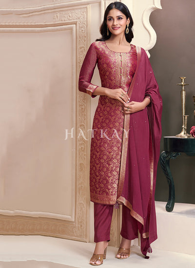 Burgundy Embroidered Pakistani Pant Style Suit