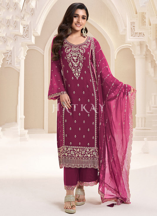 Wine Embroidered Pakistani Pant Style Suit