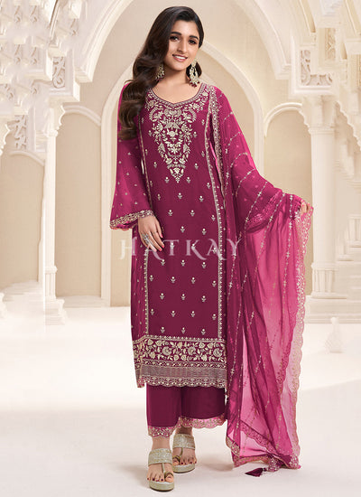 Wine Embroidered Pakistani Pant Style Suit