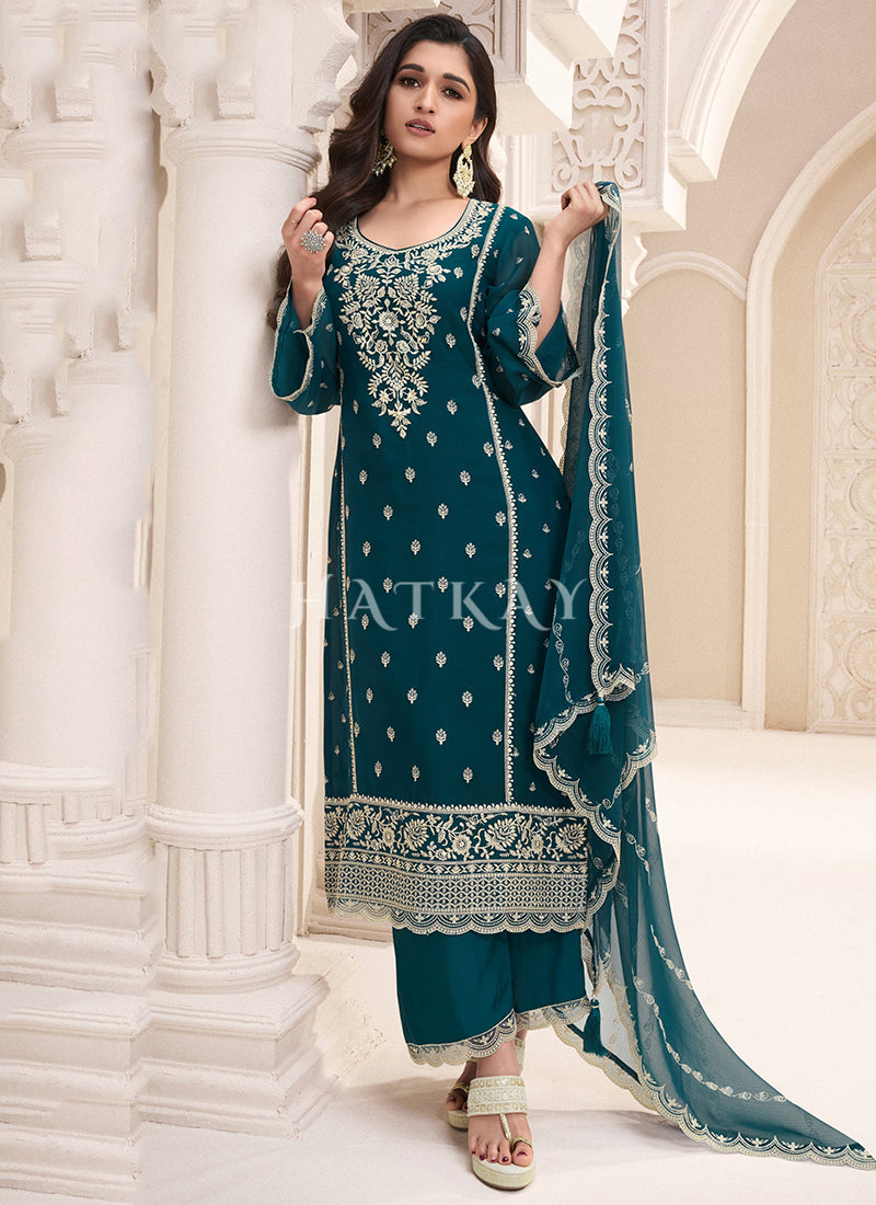 Turquoise Embroidered Pakistani Pant Style Suit