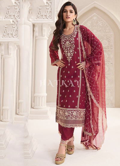 Maroon Embroidered Pakistani Pant Style Suit