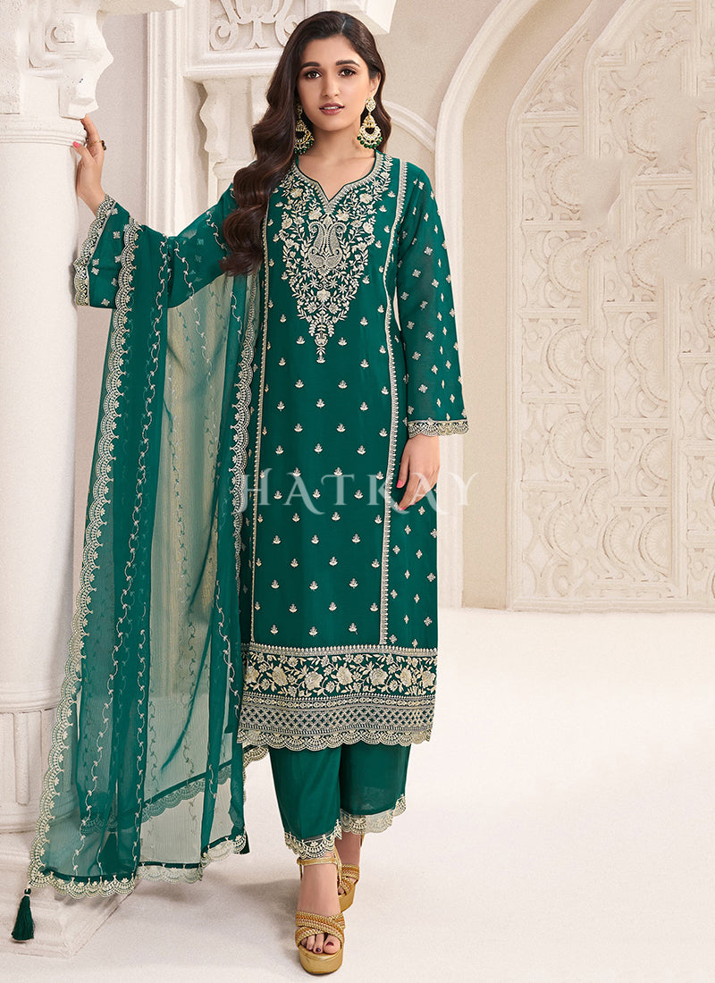 Green Embroidered Pakistani Pant Style Suit