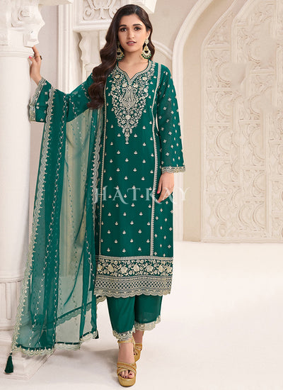 Green Embroidered Pakistani Pant Style Suit