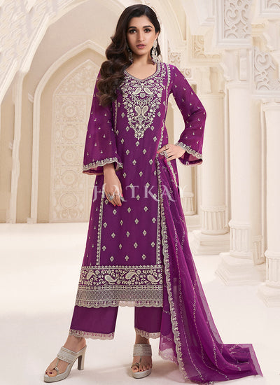 Purple Embroidered Pakistani Pant Style Suit
