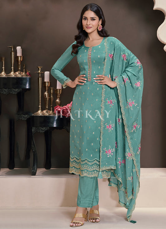 Teal Blue Multi Embroidery Pakistani Suit