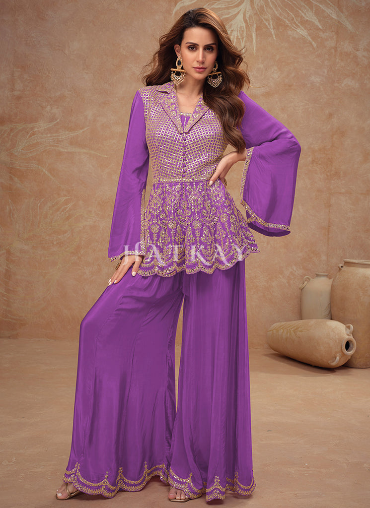 peplum dress online india Buy Mauve Purple Embroidered Peplum Palazzo Suit Online in India