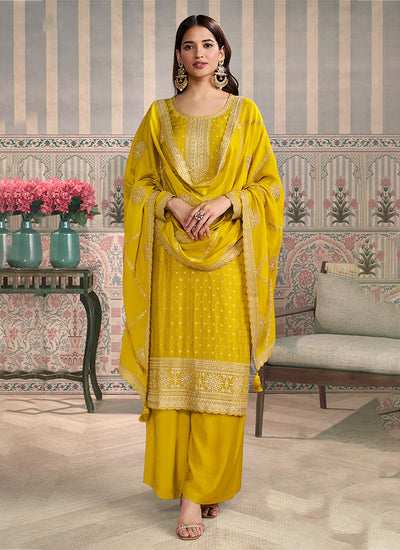 Yellow Embroidery Straight Cut Pant Suit