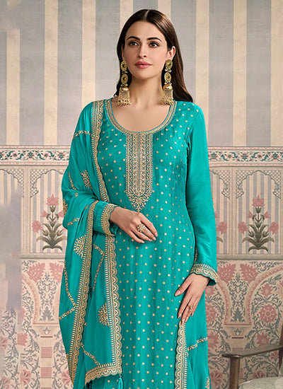 Turquoise Embroidery Straight Cut Pant Suit