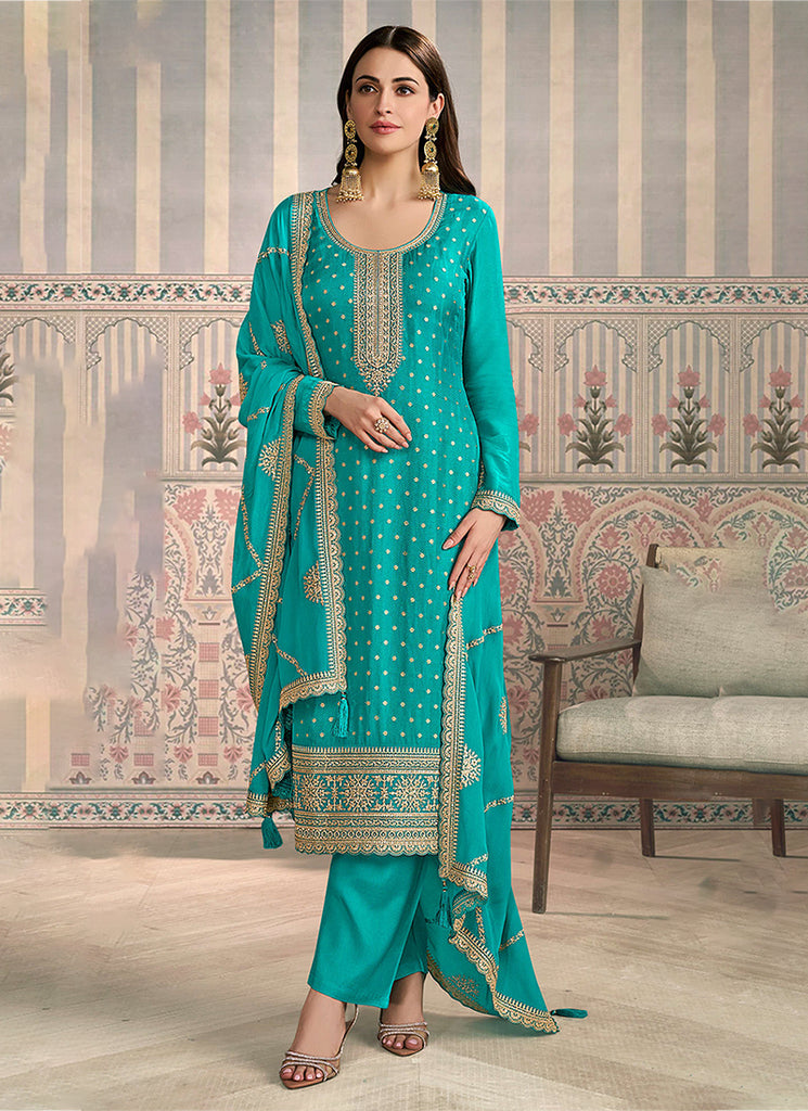 Turquoise Embroidery Straight Cut Pant Suit