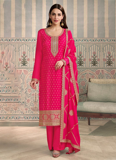 Magenta Embroidery Straight Cut Pant Suit