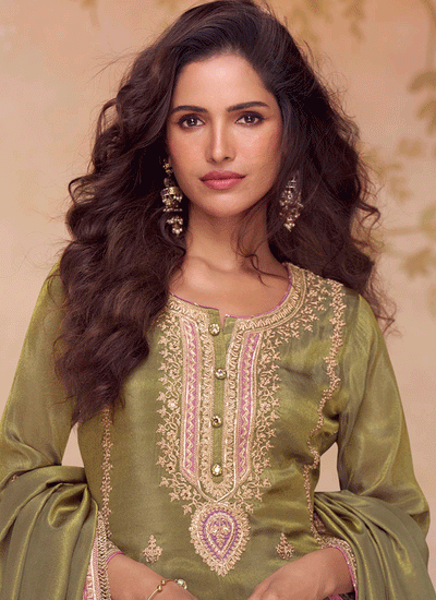 Green Multi Embroidery Pant Style Suit