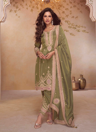 Green Multi Embroidery Pant Style Suit