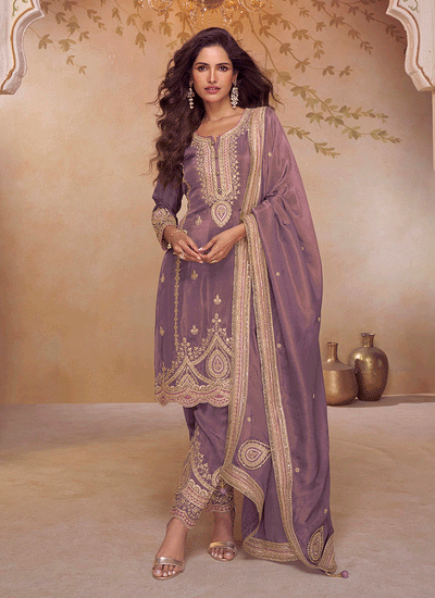 Purple Multi Embroidery Pant Style Suit