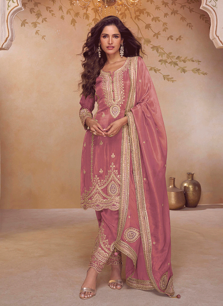 Pink Multi Embroidery Pant Style Suit
