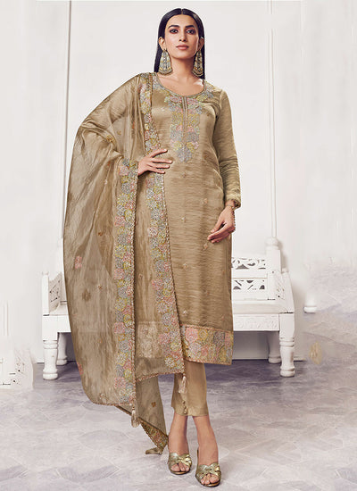 Beige Golden Embroidery Straight Cut Pant Suit