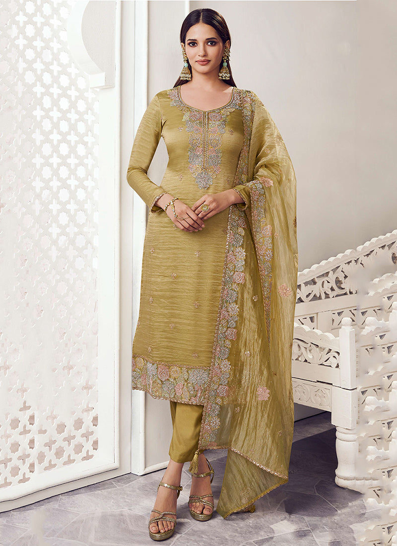 Yellow Embroidery Straight Cut Pant Suit