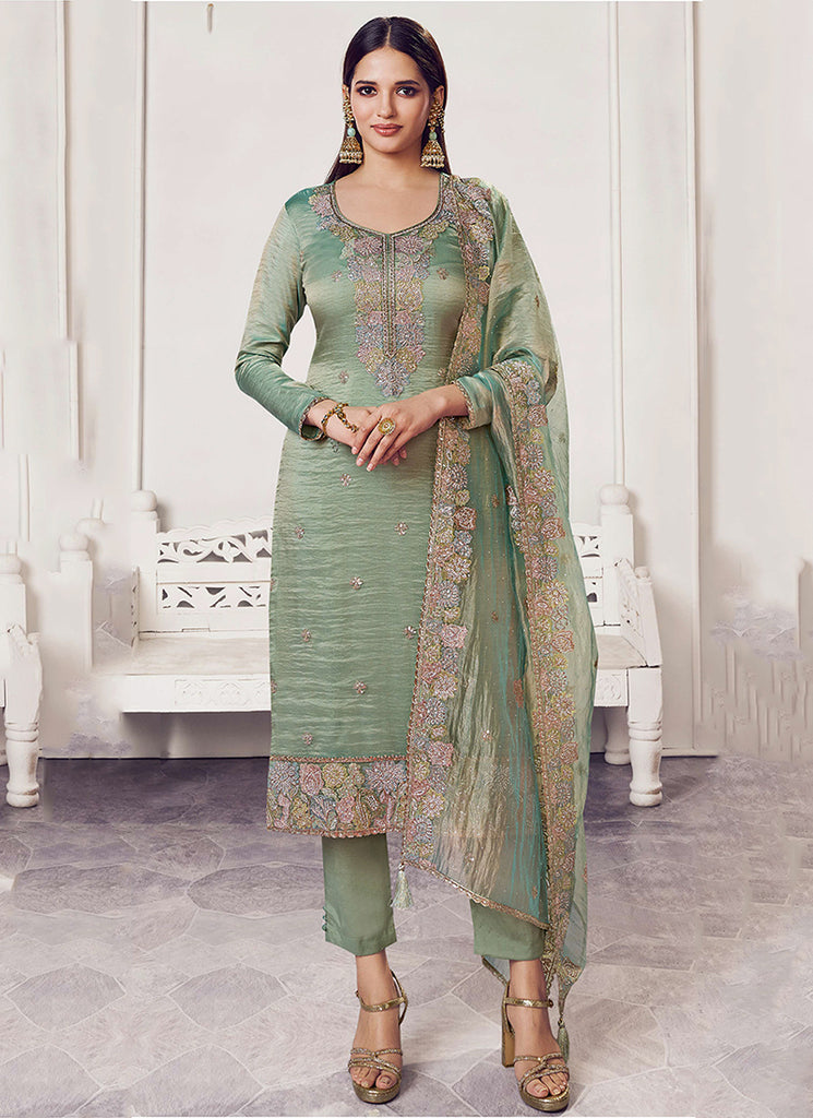 Buy Indian Dress - Sea Green Embroidery Straight Cut Pant Suit In USA Buy Indian Dress - Sea Green Embroidery Straight Cut Pant Suit In USA