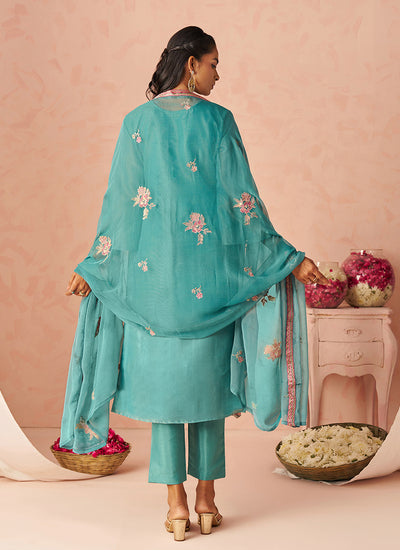 Sky Blue Floral Embroidery Pakistani Suit