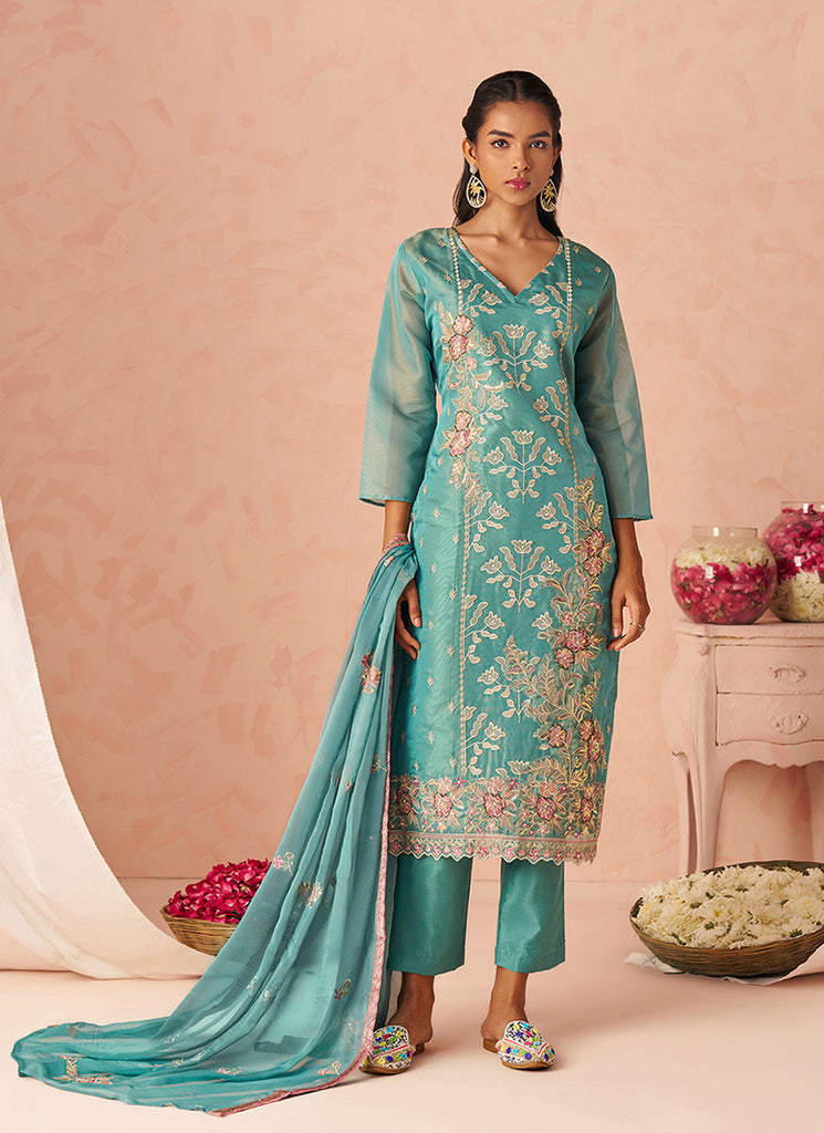 Sky Blue Floral Embroidery Pakistani Suit