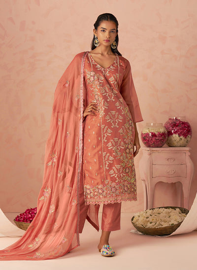 Peach Floral Embroidery Pakistani Suit