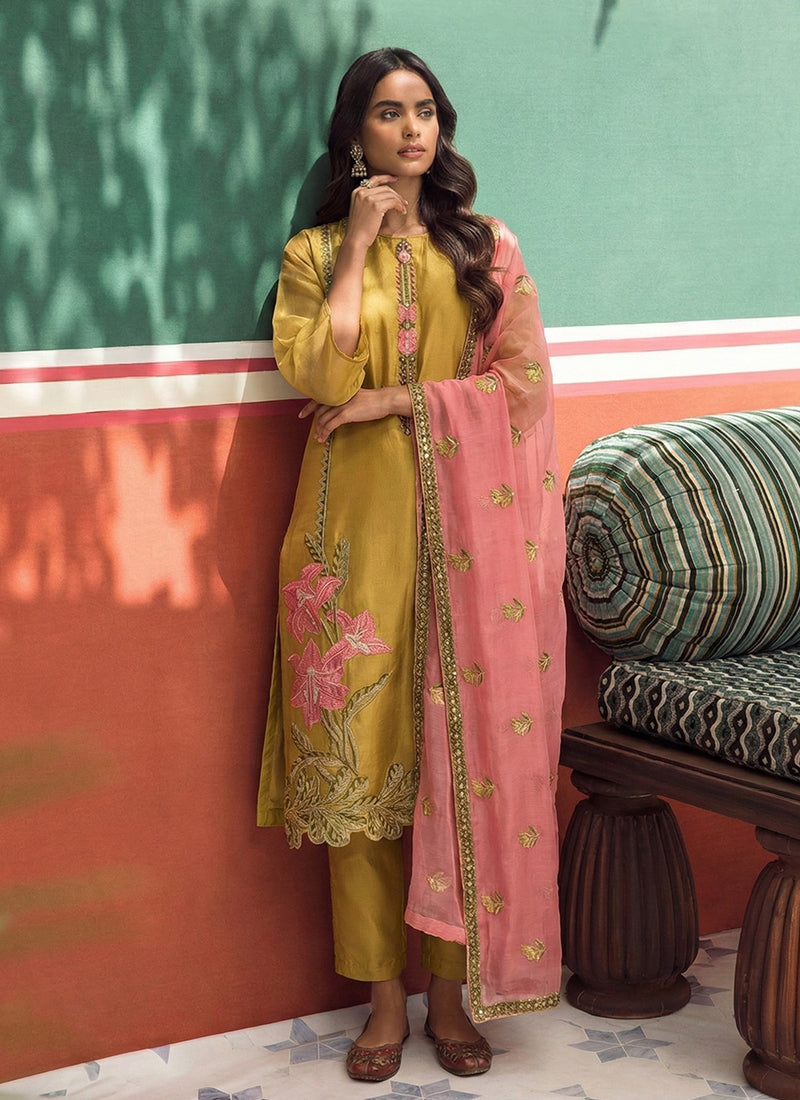 Yellow Pink Floral Embroidered Straight Cut Suit