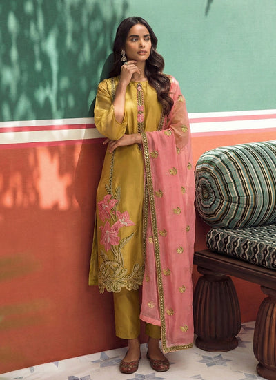 Yellow Pink Floral Embroidered Straight Cut Suit