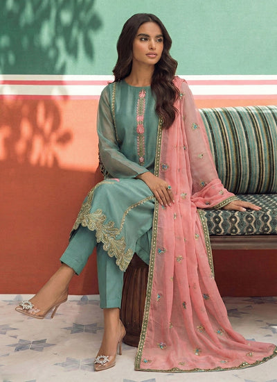 Firozi Pink Floral Embroidered Straight Cut Suit