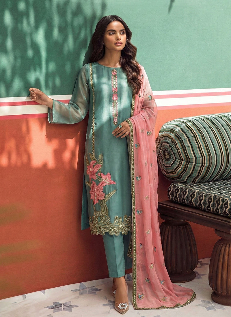 Firozi Pink Floral Embroidered Straight Cut Suit