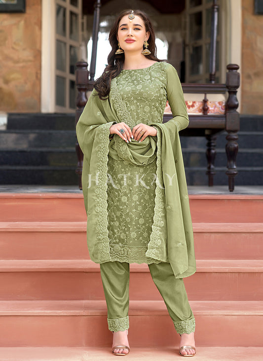 Green Embroidered Pakistani Straight Suit
