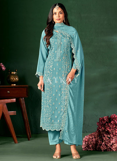 Light Blue Embroidered Pant Style Suit