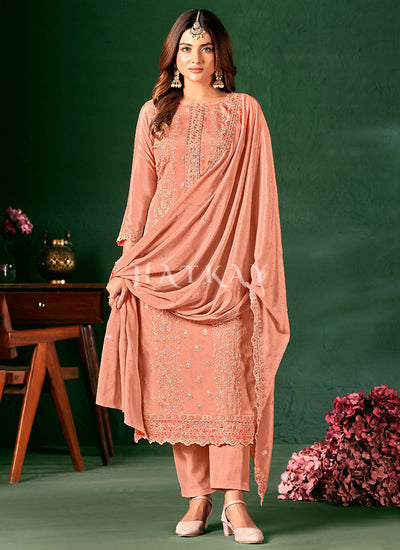 Peach Embroidered Pant Style Suit