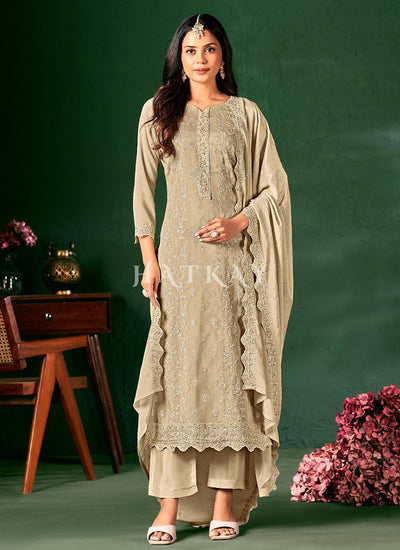 Beige Embroidered Pant Style Suit