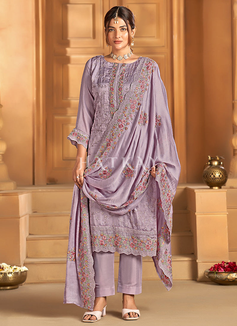 Lavender Embroidered Pakistani Straight Suit