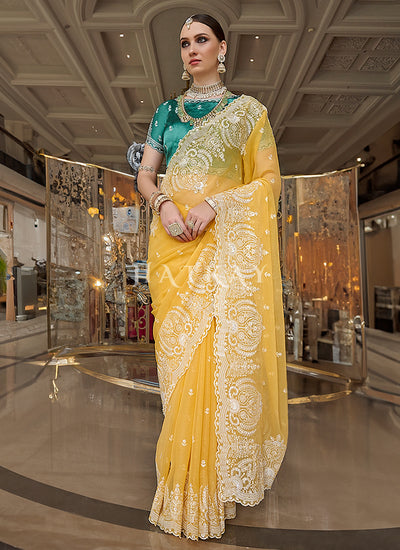 Yellow And Teal Embroidery Silk Saree