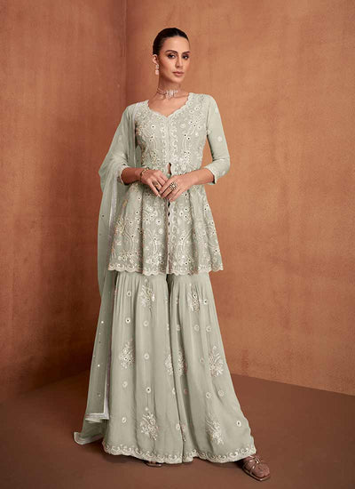 Pastel Green Embroidered Slit Style Gharara Suit
