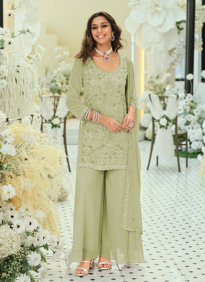 Pastel Green Designer Embroidery Palazzo Suit