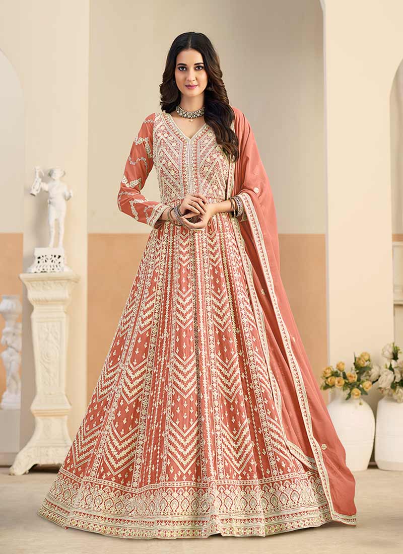 Peach Thread Embroidered Anarkali Gown