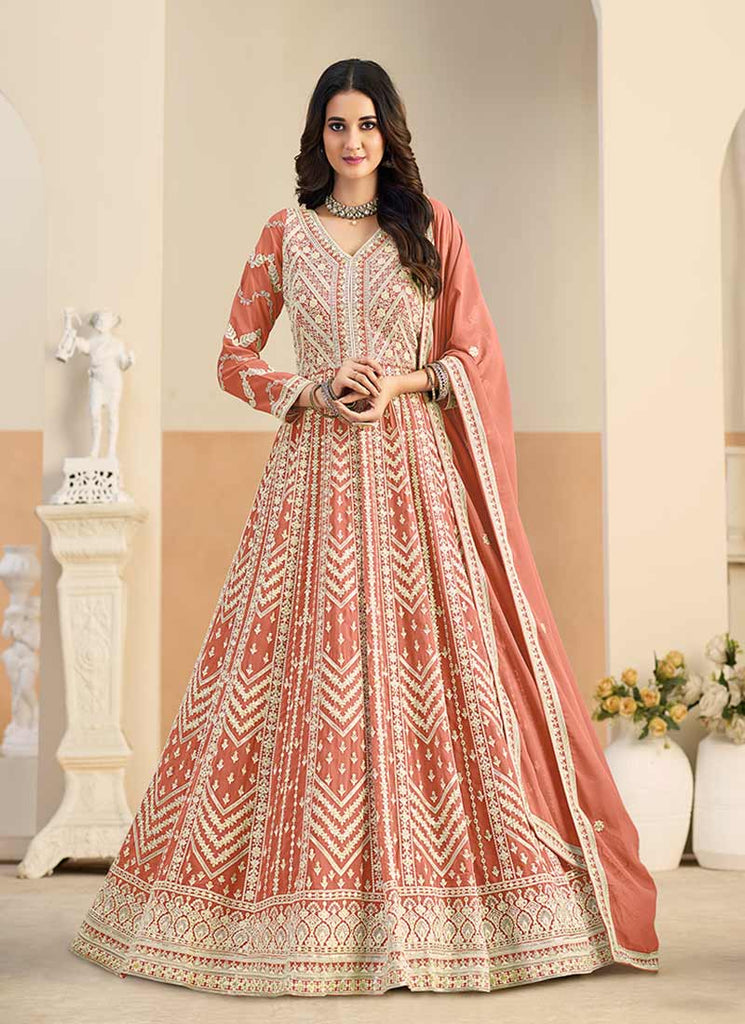 Peach Thread Embroidered Anarkali Gown