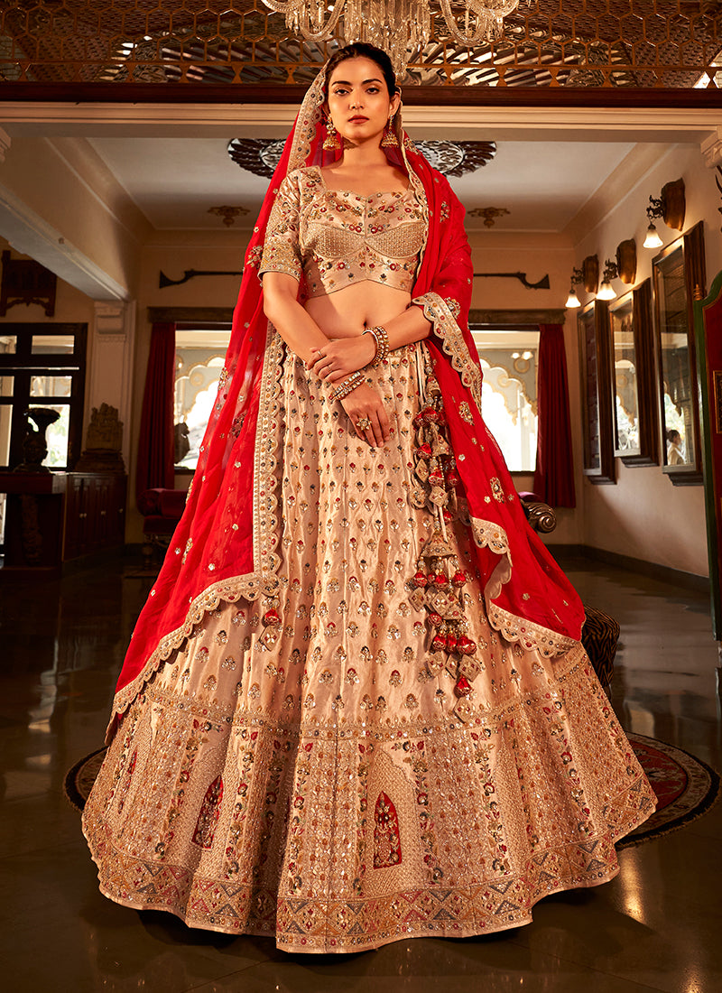 Peach and Red Multi Embroidery Wedding Lehenga Choli