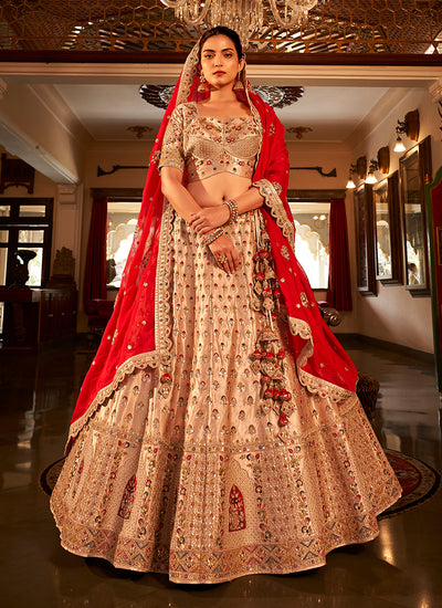 Peach and Red Multi Embroidery Wedding Lehenga Choli