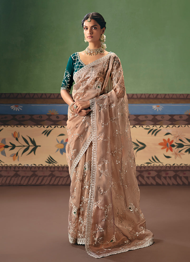 Peach Teal Handwork Embroidered Silk Saree