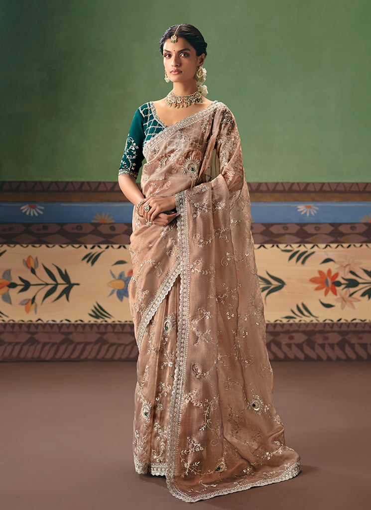 Peach Teal Handwork Embroidered Silk Saree