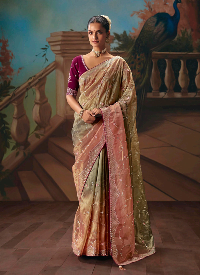 Peach and Green Embroidered Party Wear Silk Saree