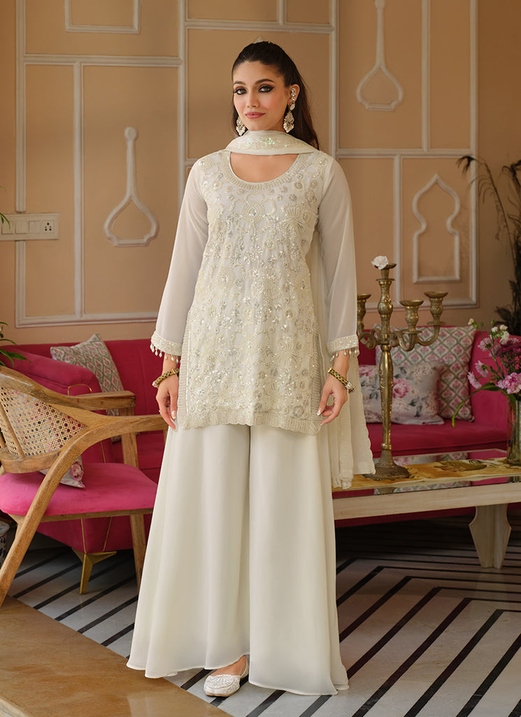 Pearl White Embroidered Georgette Palazzo Suit