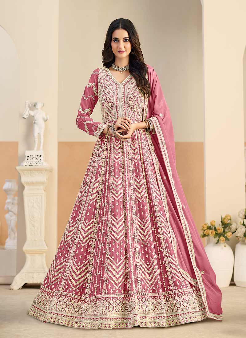 Pink Thread Embroidered Anarkali Gown