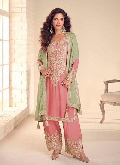 Pink and Green Embroidered Farshi Shalwar Suit
