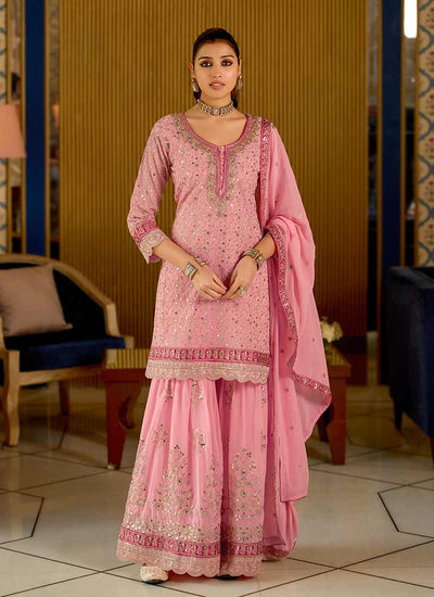 Pink Multi Embroidered Gharara Style Suit