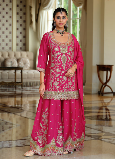 Pink Designer Embroidered Palazzo Suit
